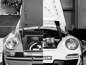 Arte fotográfico Porsche 911 – Dos generaciones con capós abiertos mostrando motores bóxer, edición limitada Cars and Roses