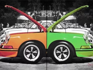 Arte de capó abierto de Porsche Carrera Fotografía artística Porsche Carrera con capó abierto mostrando el motor bóxer, detalle técnico del corazón del 911 Carrera clásico, arte de pared automovilístico de colección edición limitada Cars and Roses