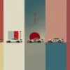 Cinco paneles minimalistas estilo japonés Porsche 911 Turbo 1975 Marlboro Racing, colores azul petróleo blanco crema gris pizarra rosa salmón burdeos, disco rojo bandera japonesa y caligrafía Arigatou
