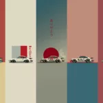 Cinco paneles minimalistas estilo japonés Porsche 911 Turbo 1975 Marlboro Racing, colores azul petróleo blanco crema gris pizarra rosa salmón burdeos, disco rojo bandera japonesa y caligrafía Arigatou