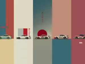 Cinco paneles minimalistas estilo japonés Porsche 911 Turbo 1975 Marlboro Racing, colores azul petróleo blanco crema gris pizarra rosa salmón burdeos, disco rojo bandera japonesa y caligrafía Arigatou