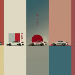 Cinco paneles minimalistas estilo japonés Porsche 911 Turbo 1975 Marlboro Racing, colores azul petróleo blanco crema gris pizarra rosa salmón burdeos, disco rojo bandera japonesa y caligrafía Arigatou