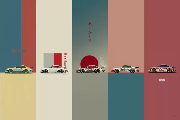 Cinco paneles minimalistas estilo japonés Porsche 911 Turbo 1975 Marlboro Racing, colores azul petróleo blanco crema gris pizarra rosa salmón burdeos, disco rojo bandera japonesa y caligrafía Arigatou