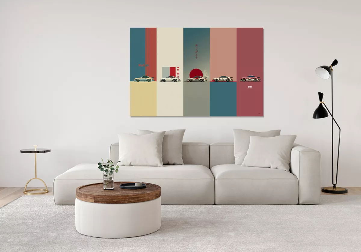 Cuadros artísticos cinco paneles Porsche 911 Turbo estilo japonés minimalista Marlboro exhibidos en interior contemporáneo sobre pared blanca con decoración moderna