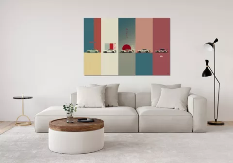 Cuadros artísticos cinco paneles Porsche 911 Turbo estilo japonés minimalista Marlboro exhibidos en interior contemporáneo sobre pared blanca con decoración moderna