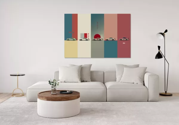 Cuadros artísticos cinco paneles Porsche 911 Turbo estilo japonés minimalista Marlboro exhibidos en interior contemporáneo sobre pared blanca con decoración moderna