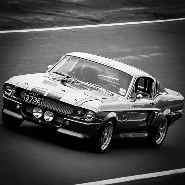 Ford Mustang Shelby GT500 Eleanor en blanco y negro en acción sobre pista de carreras, vista frontal tres cuartos con bandas deportivas y faros dobles