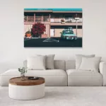 Fotografía enmarcada Porsche 911 SC turquesa frente a motel californiano exhibida en interior contemporáneo con pared blanca y decoración minimalista moderna