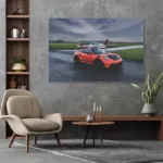 Fotografía Porsche GT3 RS naranja enmarcada en pared blanca - decoración mural automovilística