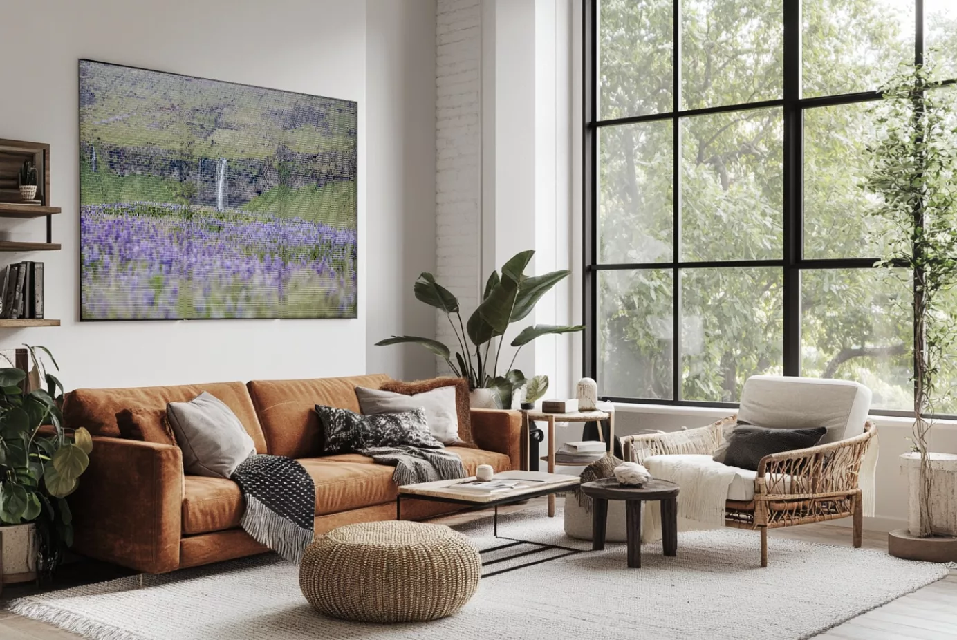 Fotografía Seljalandsfoss expuesta como cuadro grande en sala de estar estilo boho — arte de pared nórdico