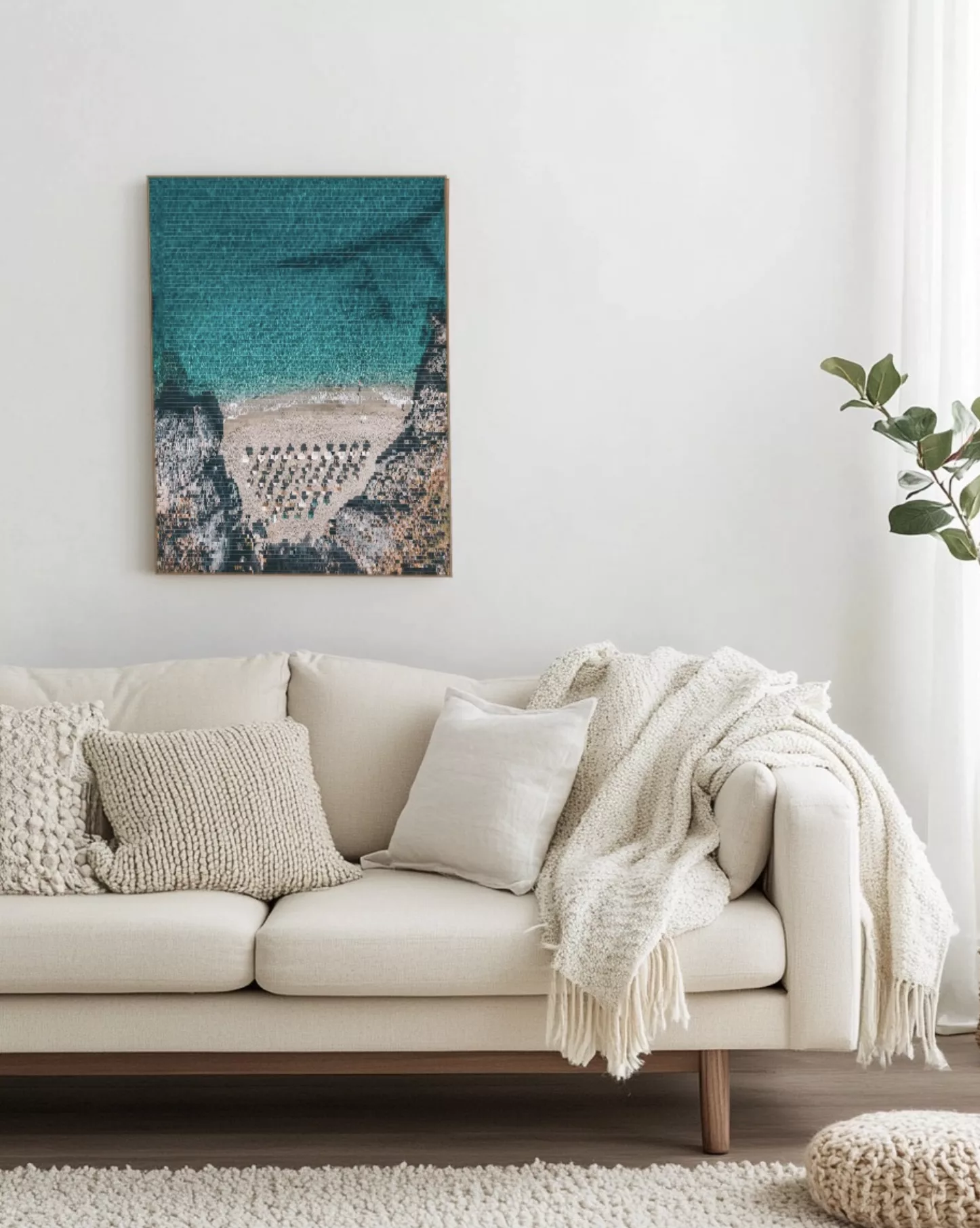 Decoración mural fotografía aérea Creta Platanias render interior gran formato salón blanco minimalista arte mediterráneo edición limitada