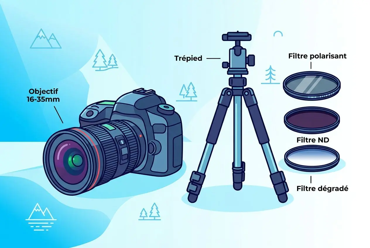 Ilustracion educativa de una camara y un tripode con filtros (polarizador, ND, degradado) mostrando los componentes.