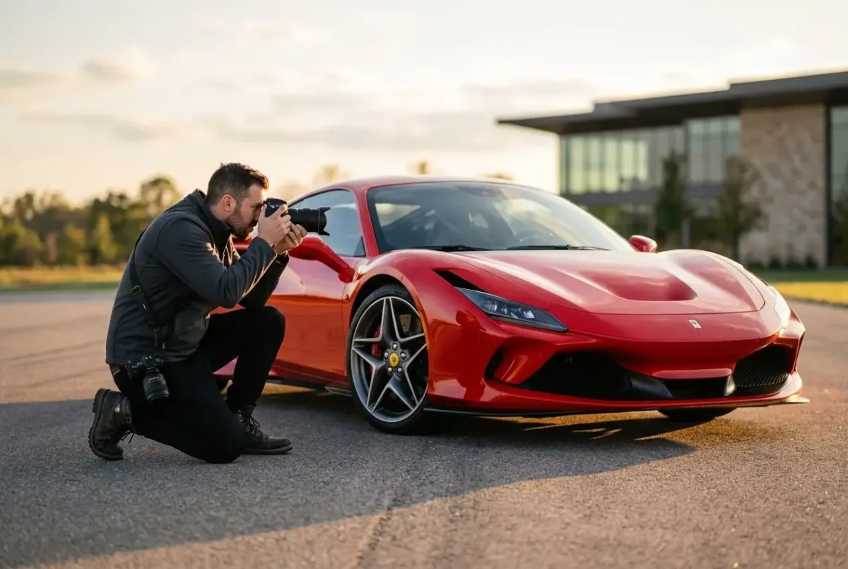 Fotografo cerca de un Ferrari rojo, fotografiando el interior y la carroceria, ilustrando la mejor focal para fotografia de coches.