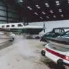Porsche 911 Turbo blanco y 911 verde frente a un Piper Malibu en un hangar con lucernarios - cuadro fotográfico de autor