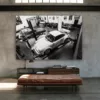 cuadro-porsche-911-taller-blanco-y-negro-mockup Cuadro Porsche 911 en el taller en blanco y negro en un loft industrial