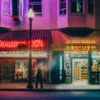 Fotografía de arte de Broadway en San Francisco de noche: neón rojo del Roaring 20’s, farola encendida y un transeúnte en movimiento